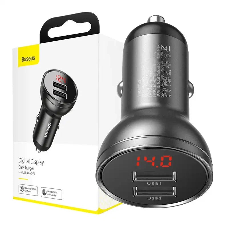 Baseus Car Charger with display 2x USB, 4,8A, 24W (gray)