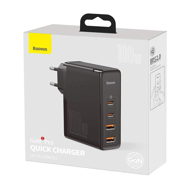 Travel Charger Baseus GaN2 Pro Quick 2x USB + 2x USB-C, 100W, EU (Black)