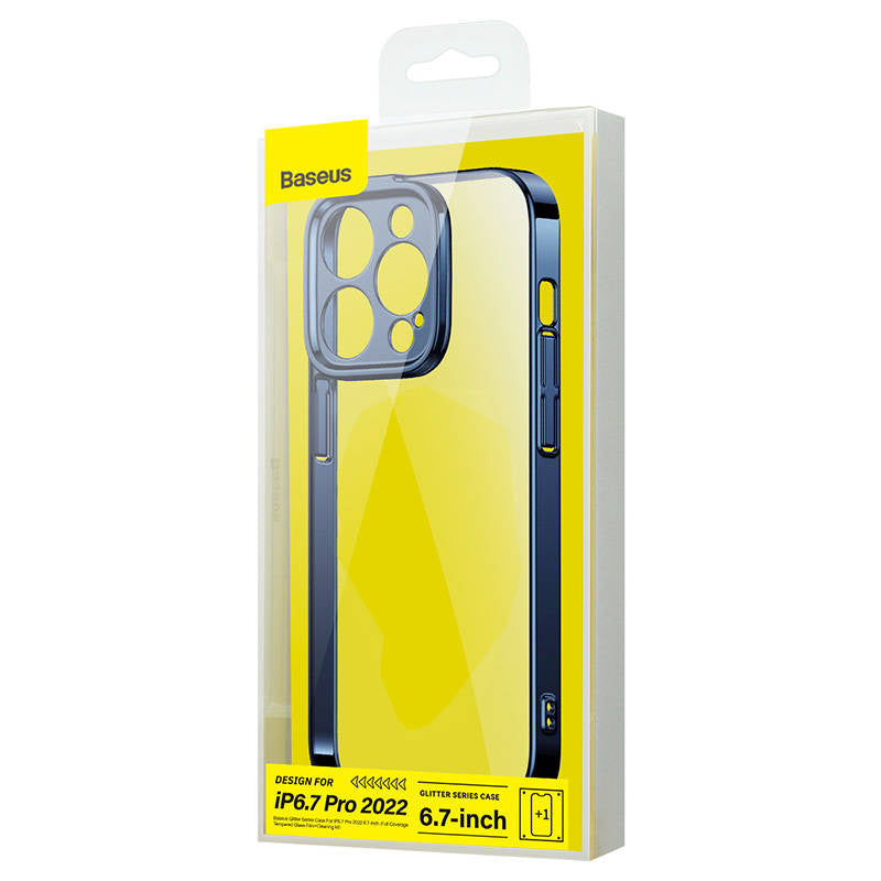 Baseus Glitter Transparent Case and Tempered Glass set for iPhone 14 Pro Max (blue)