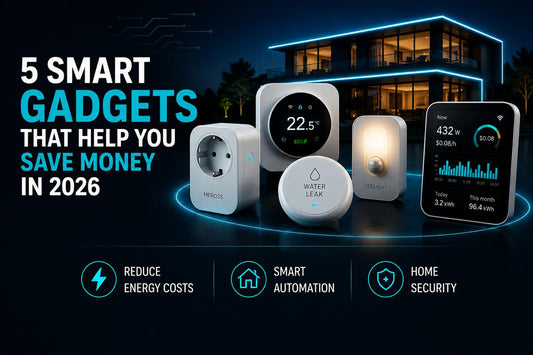 Best smart home gadgets for saving money in 2026, featuring smart plug, thermostat, motion sensor lighting, leak detector and energy monitoring devices.