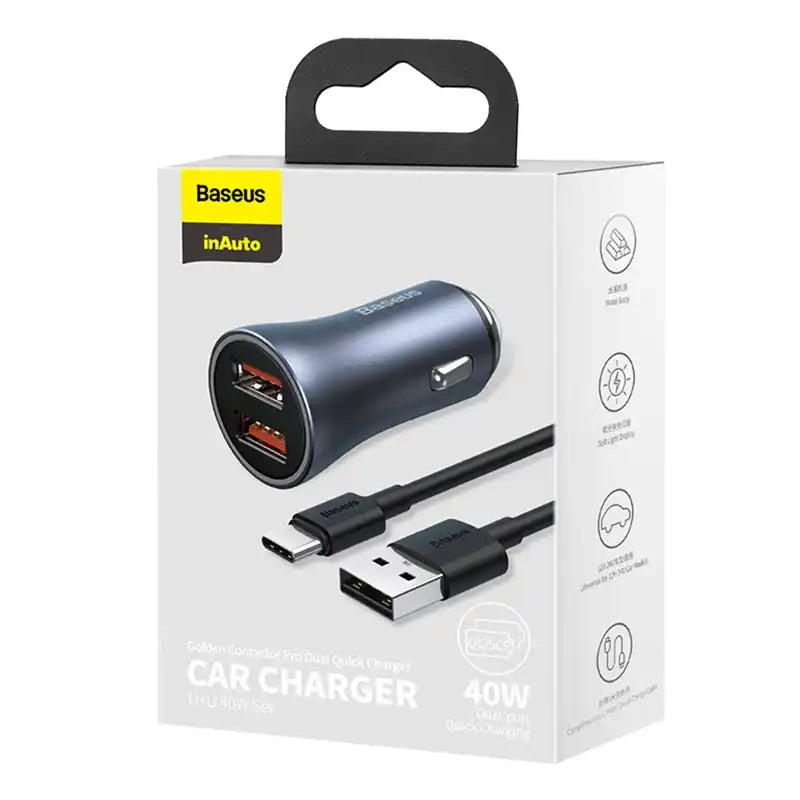 Baseus Golden Contactor Pro Car Charger 2x USB, 40W (gray) +  Cable USB to USB-C 1m (black)