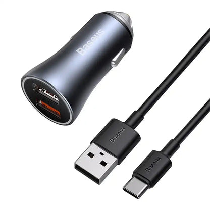 Baseus Golden Contactor Pro Car Charger 2x USB, 40W (gray) +  Cable USB to USB-C 1m (black)