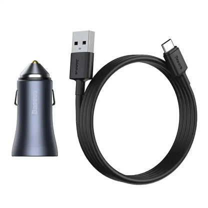 Baseus Golden Contactor Pro Car Charger 2x USB, 40W (gray) +  Cable USB to USB-C 1m (black)