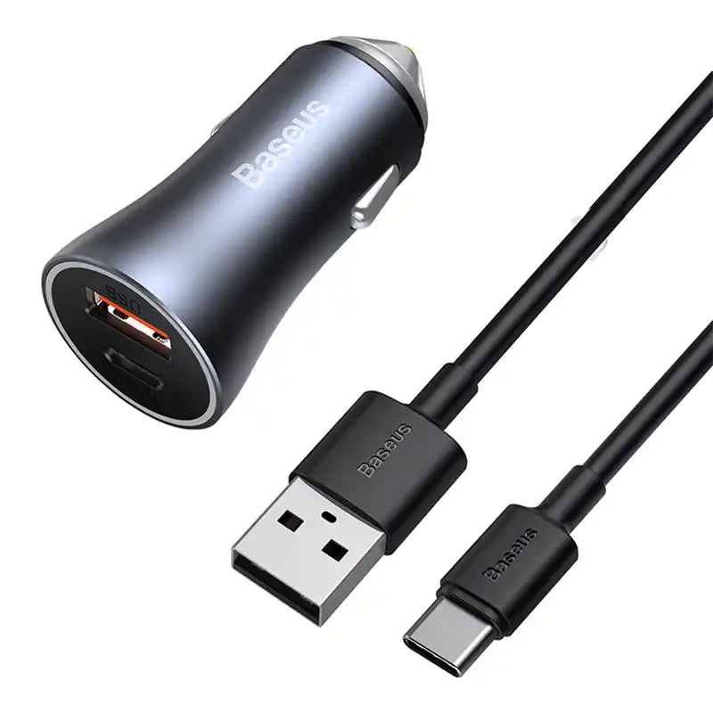Baseus Golden Contactor Pro Car Charger USB + USB-C, QC4.0+, PD, SCP, 40W (gray) + CabelUSB do USB-C 1m (black)