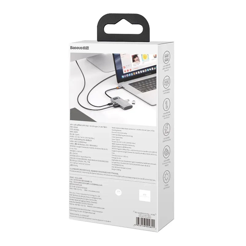 Hub 4in1 Baseus Metal Gleam Series, USB-C to USB 3.0 + USB 2.0 + HDMI + USB-C PD