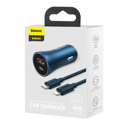 Baseus Golden Contactor Pro car charger, USB + USB-C, QC4.0+, PD, SCP, 40W (blue) + USB-C - Lightning cable 1m (blue)