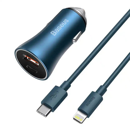 Baseus Golden Contactor Pro car charger, USB + USB-C, QC4.0+, PD, SCP, 40W (blue) + USB-C - Lightning cable 1m (blue)