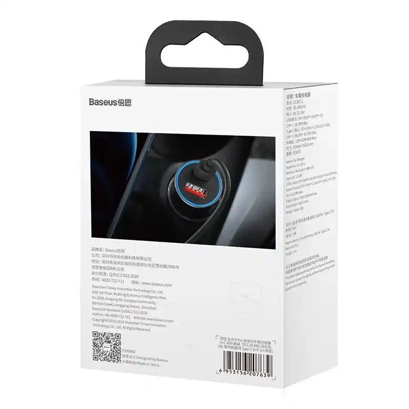 Baseus Golden Contactor Pro Car Charger USB + USB-C, QC4.0+, PD, SCP, 40W (gray) + Cable USB-C do iP 1m (black)