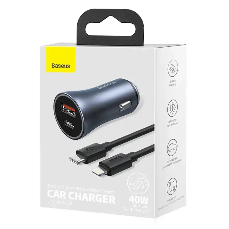 Baseus Golden Contactor Pro Car Charger USB + USB-C, QC4.0+, PD, SCP, 40W (gray) + Cable USB-C do iP 1m (black)