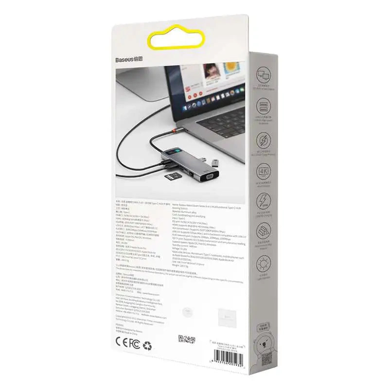 Hub 9in1 Baseus Metal Gleam Series, USB-C to 3x USB 3.0 + HDMI + USB-C PD + Ethernet RJ45 + microSD/SD + VGA