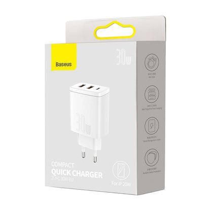 Baseus Compact Quick Charger, 2xUSB, USB-C, PD, 3A, 30W (white)