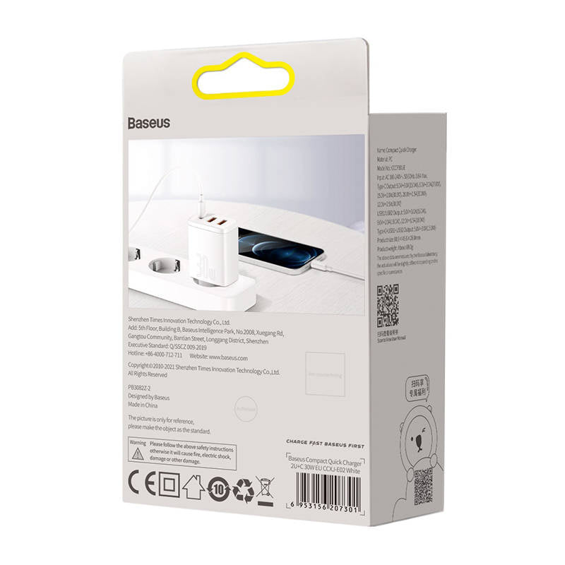 Baseus Compact Quick Charger, 2xUSB, USB-C, PD, 3A, 30W (white)