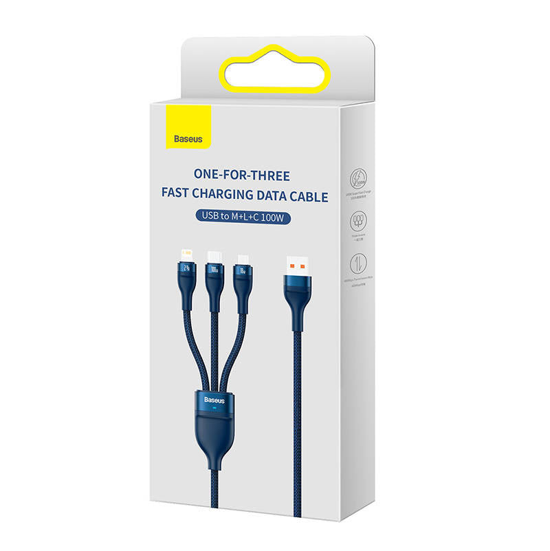 3in1 USB cable Baseus Flash Series, USB-C + micro USB + Lightning, 100W, 1.2m (blue)