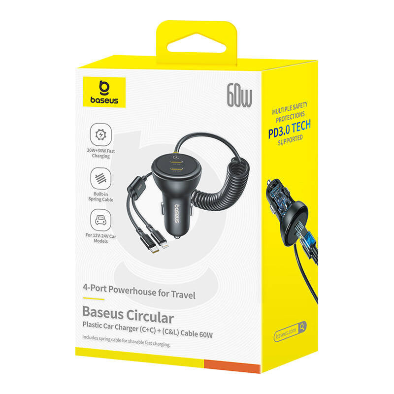 60W Baseus USB-C car charger + Lightning cable (Black)